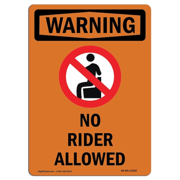 OSHA WARNING Sign, No Riders Allowed W/ Symbol, 18in X 12in Decal, 12" W, 18" L, Portrait